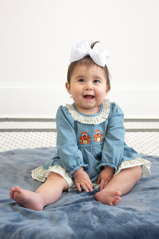 Blue Turkey Embroidery Ruffle Bloomer Set