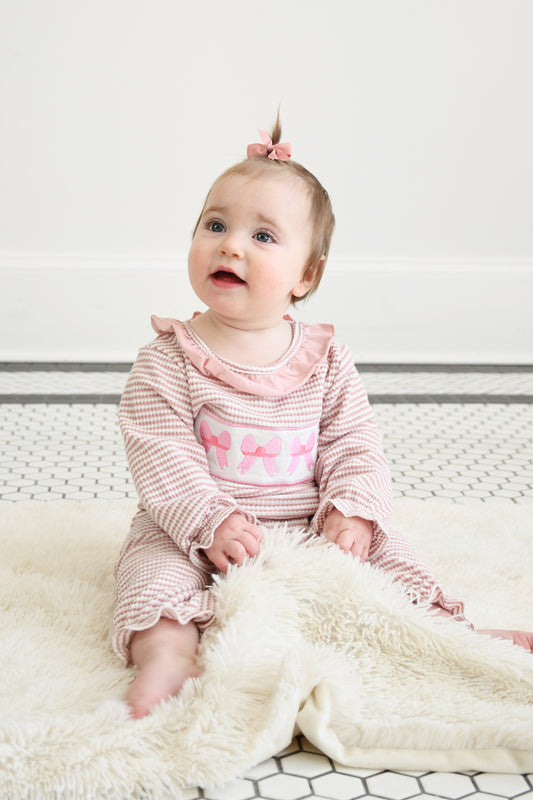 Pink Striped Bow / Ruffled Detail Pink Romper