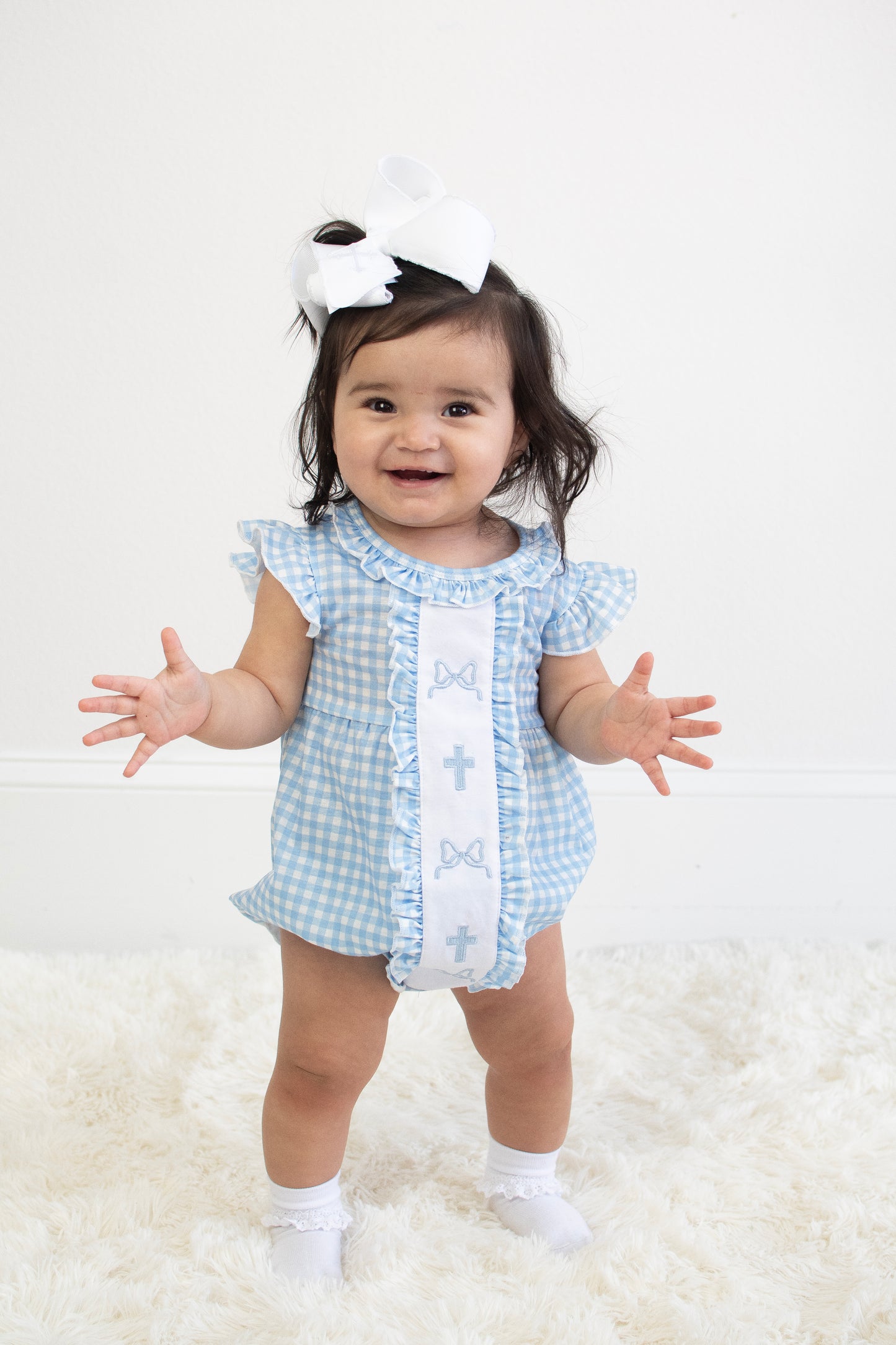 Blue cross bow embroidery ruffle gingham bubble