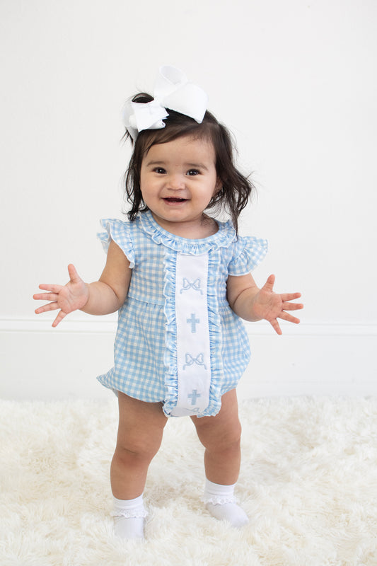 Blue cross bow embroidery ruffle gingham bubble