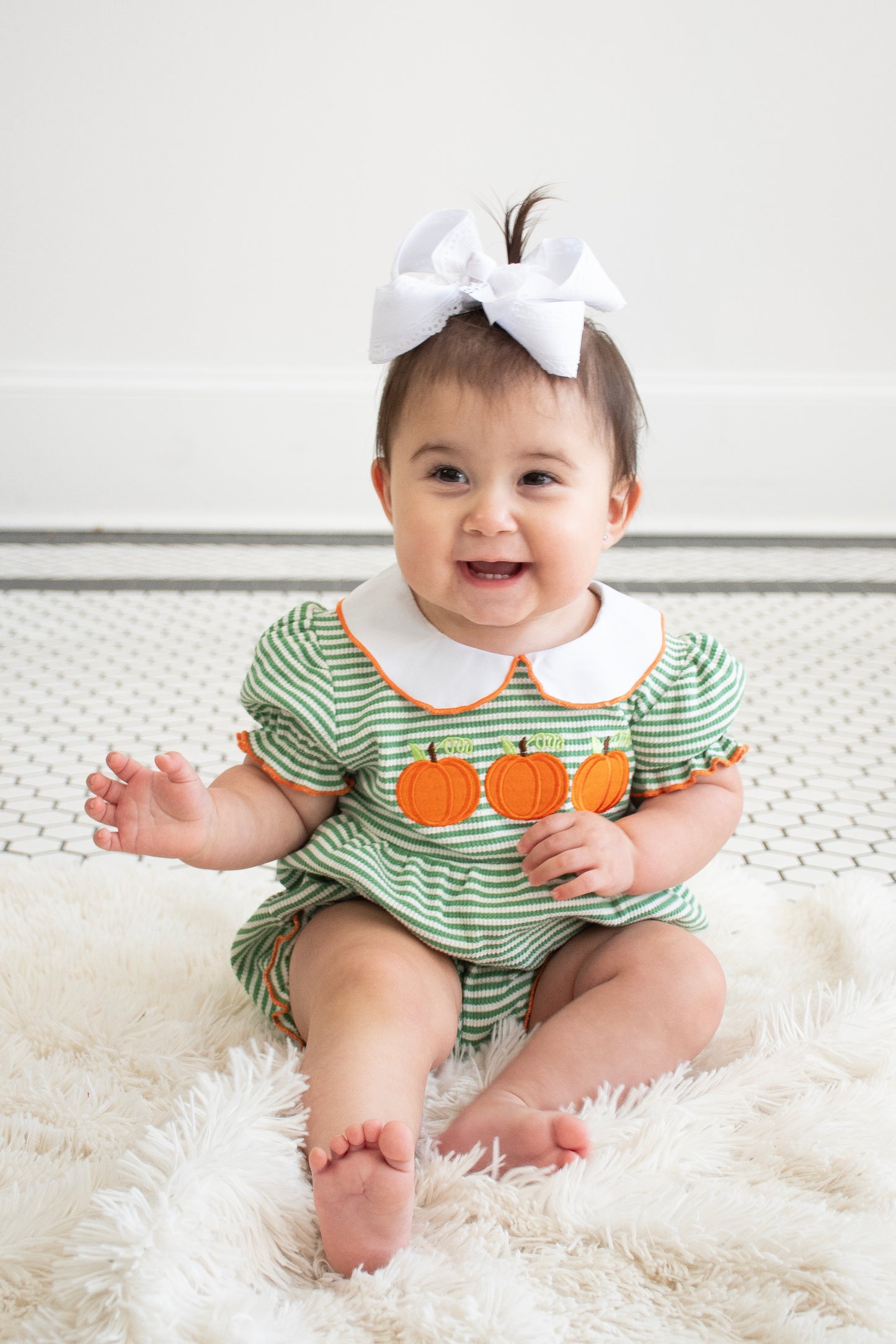 Green Striped Ruffled Pumpkin Romper