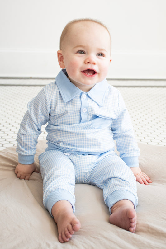Little Gentleman Gingham Jogger Set - Blue
