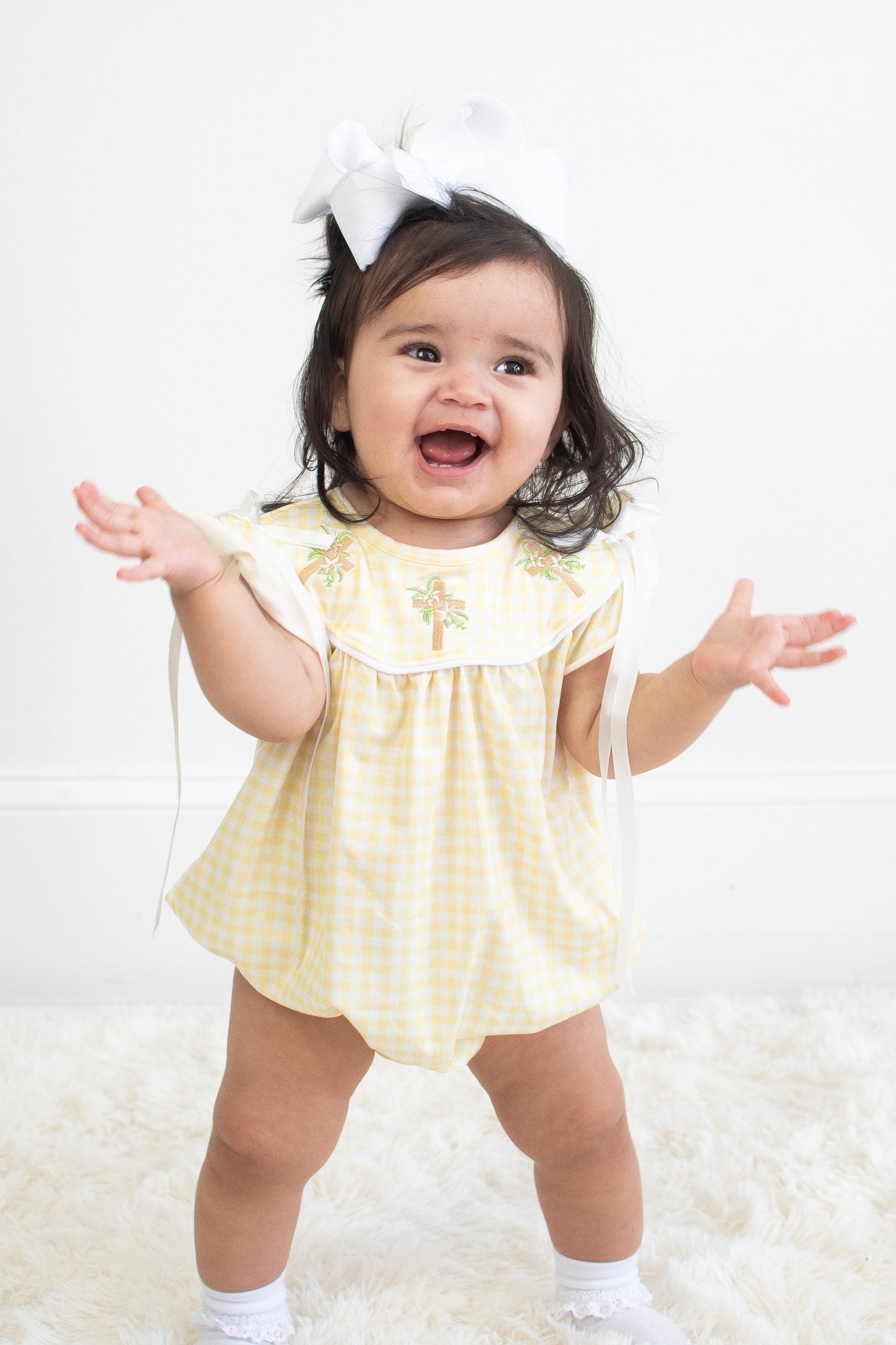 Yellow cross embroidery ruffle bubble