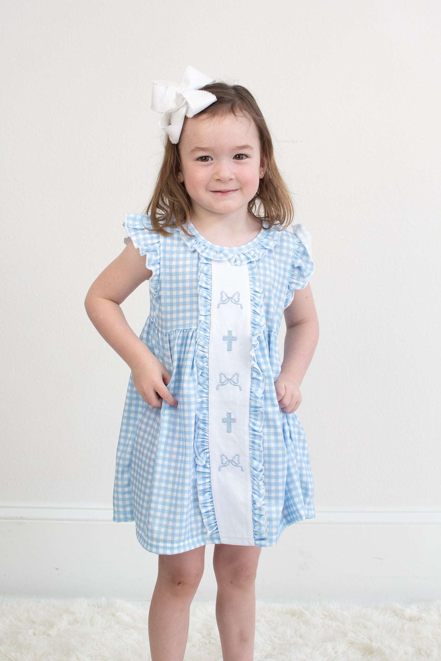 Blue cross bow embroidery ruffle gingham dress