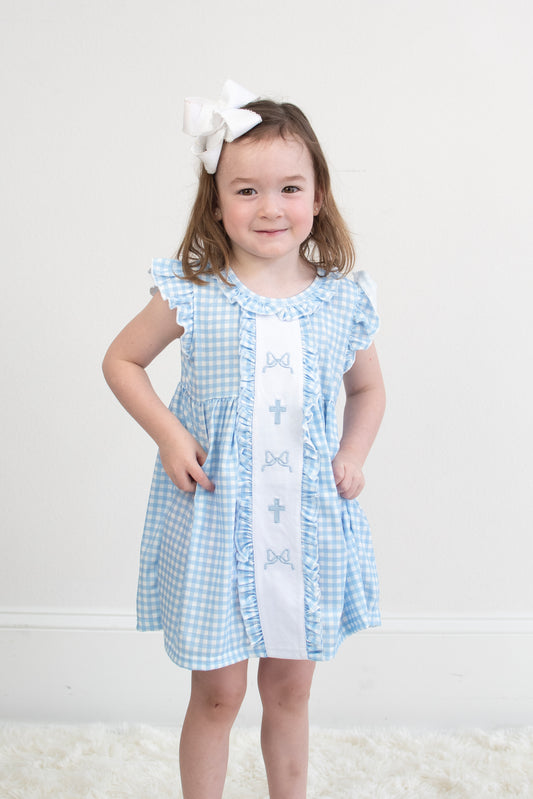 Blue cross bow embroidery ruffle gingham dress