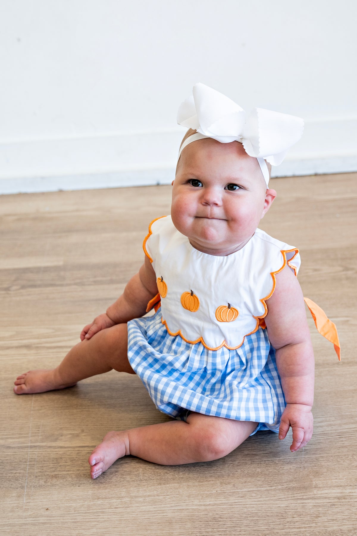 Blue gingham pumpkin embroidery bow bubble