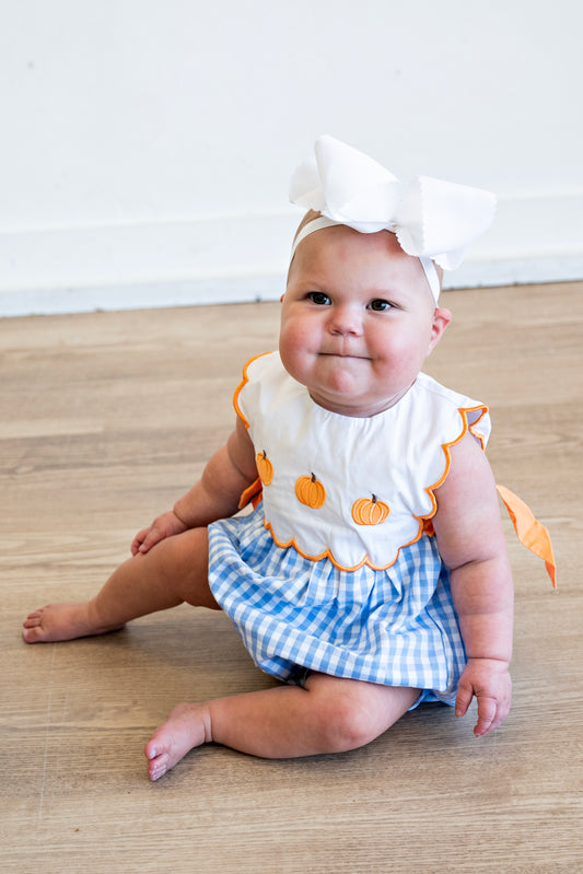 Blue gingham pumpkin embroidery bow bubble