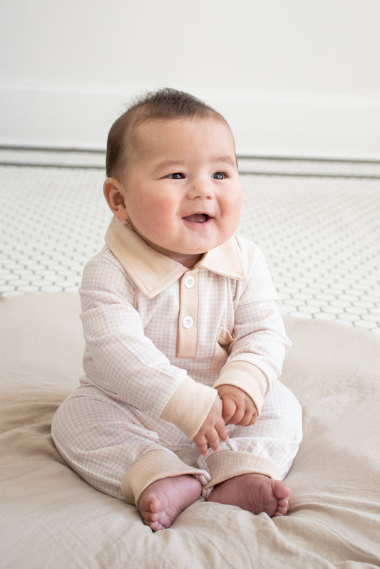 Little Gentleman Gingham Romper - Neutral Beige