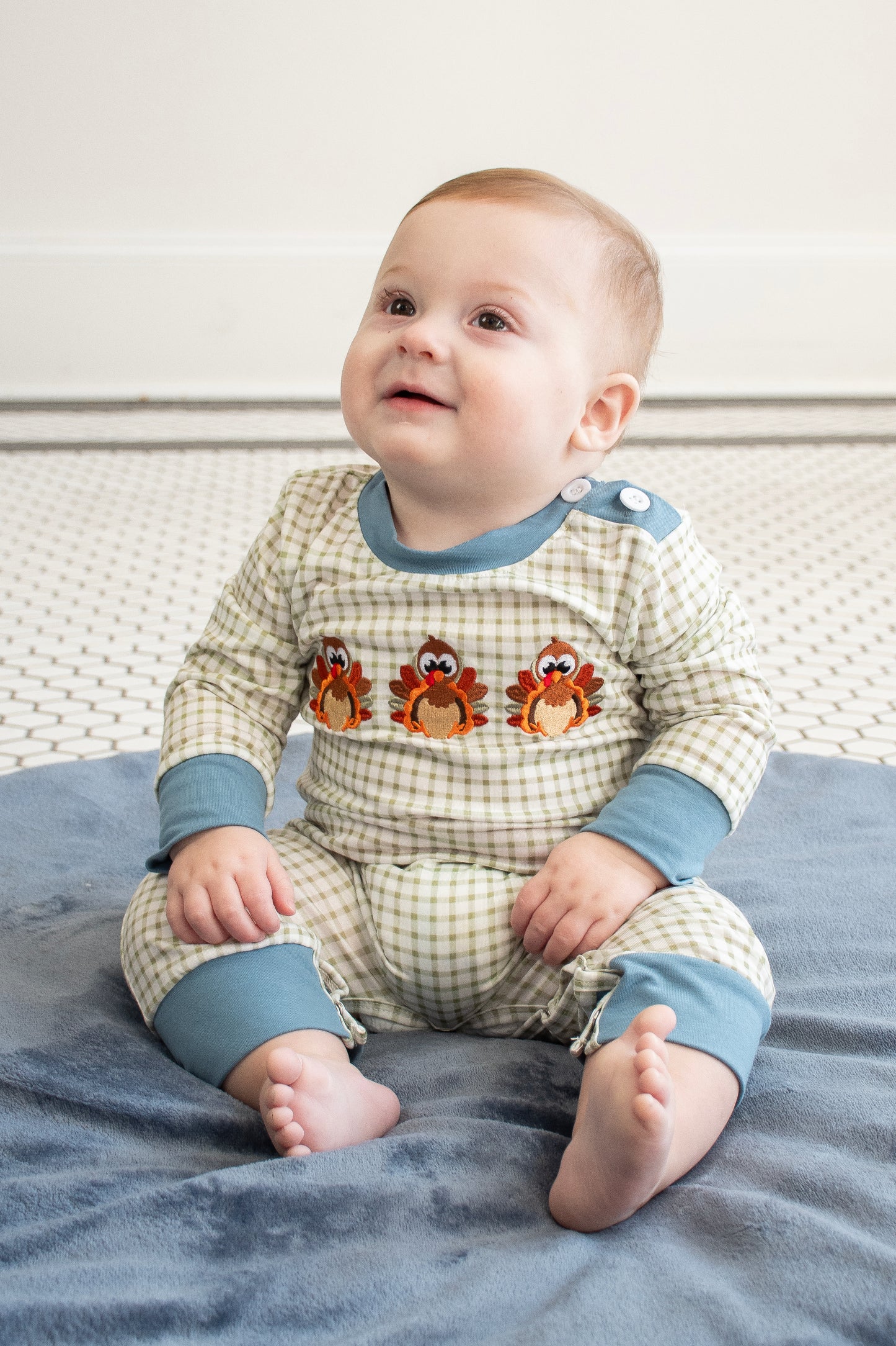 Blue Turkey Embroidered Romper