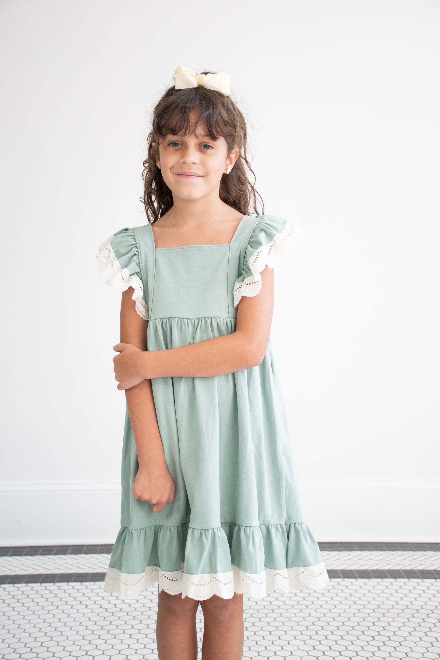 Sage Lace Ruffle Dress