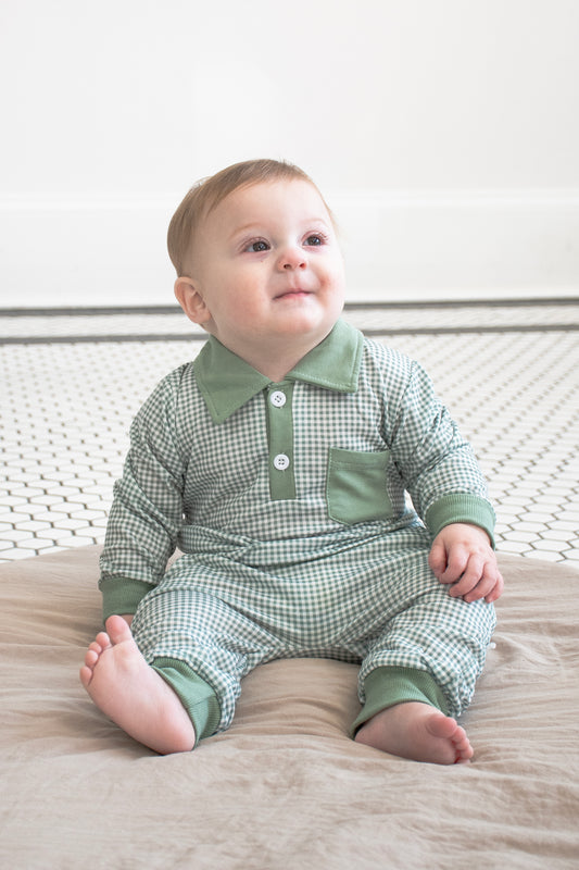 Little Gentleman Gingham Jogger Set - Green
