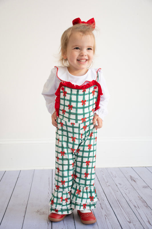 Green bow plaid jumpsuit set