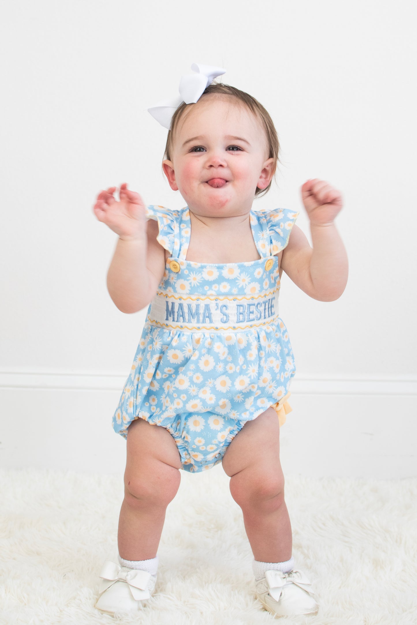 "Mama's Bestie "Daisy Smocked Baby Girl Romper