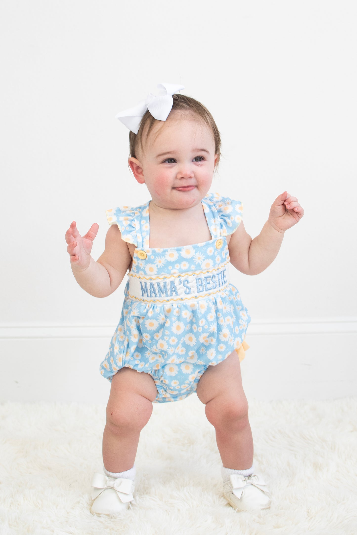 "Mama's Bestie "Daisy Smocked Baby Girl Romper