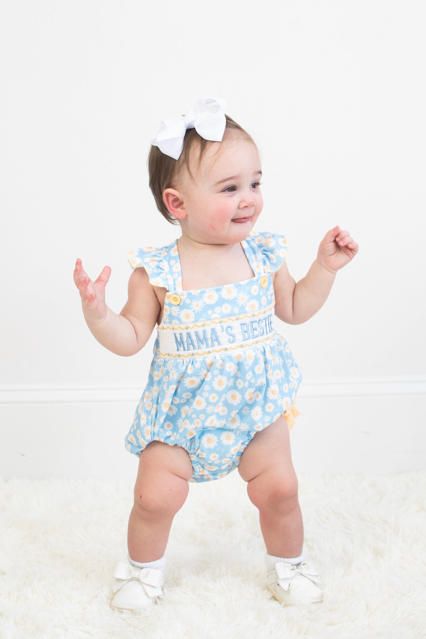 "Mama's Bestie "Daisy Smocked Baby Girl Romper