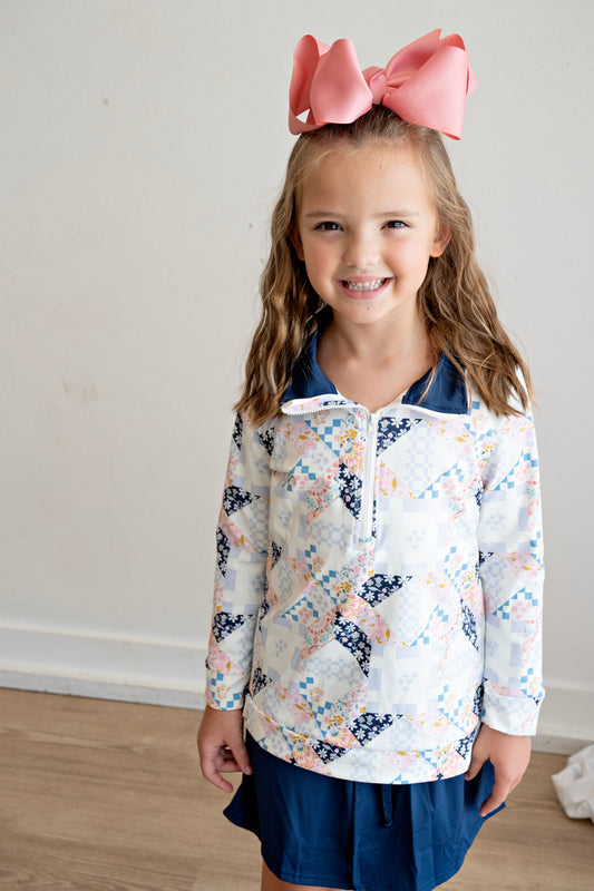 Blue Quilted Girls Quarter Zip Skort Set
