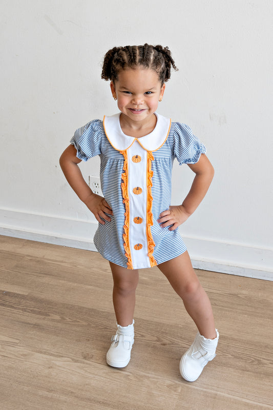 Teal stripe pumpkin embroidery bloomer set