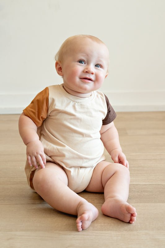 Khaki Brown Patchwork Short Sleeve Romper
