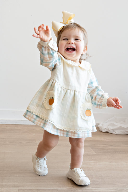 Cream pumpkin embroidery plaid bloomer set