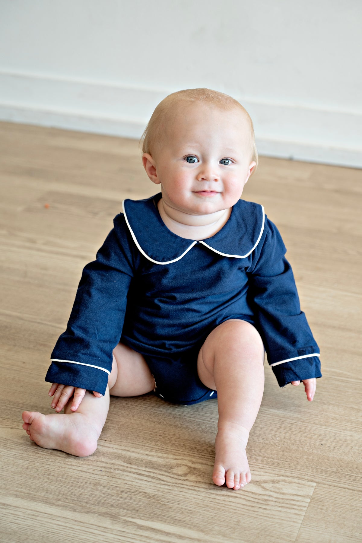 Navy Shirt Collar Romper w/white Trim