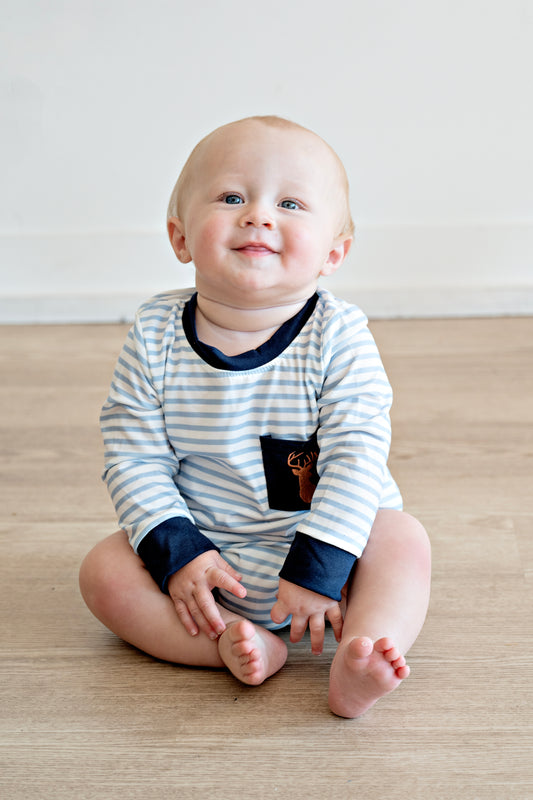 Navy Deer Embroidery Stripe Bubble
