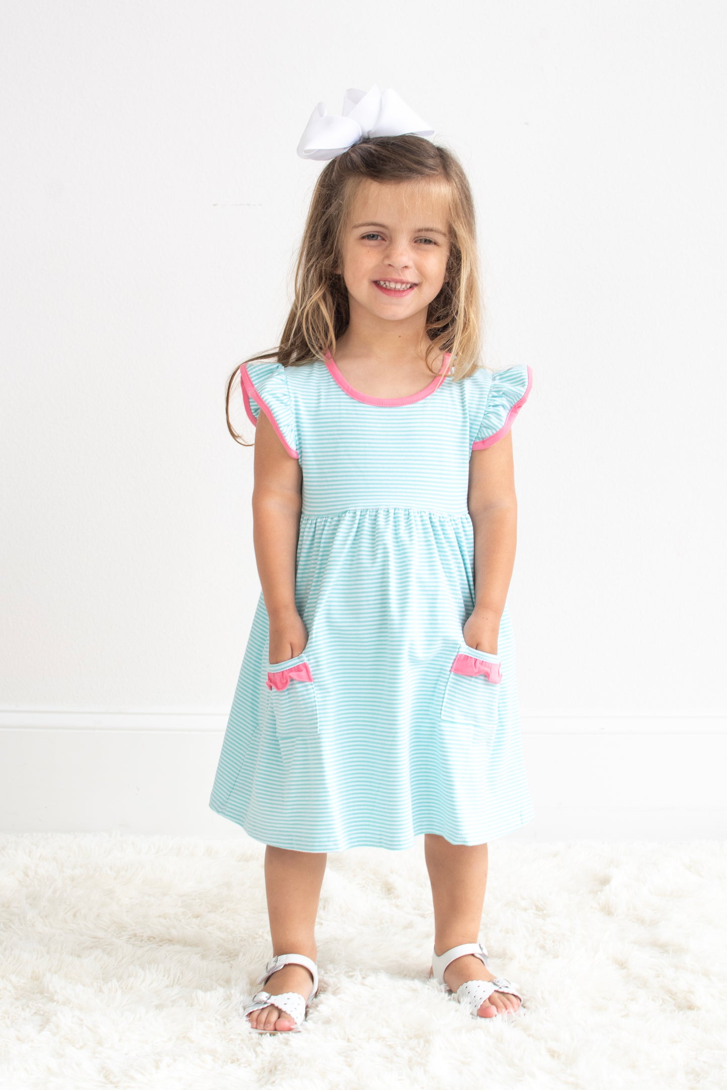 Mia Dress- Dark Mint Stripe w/ Pink