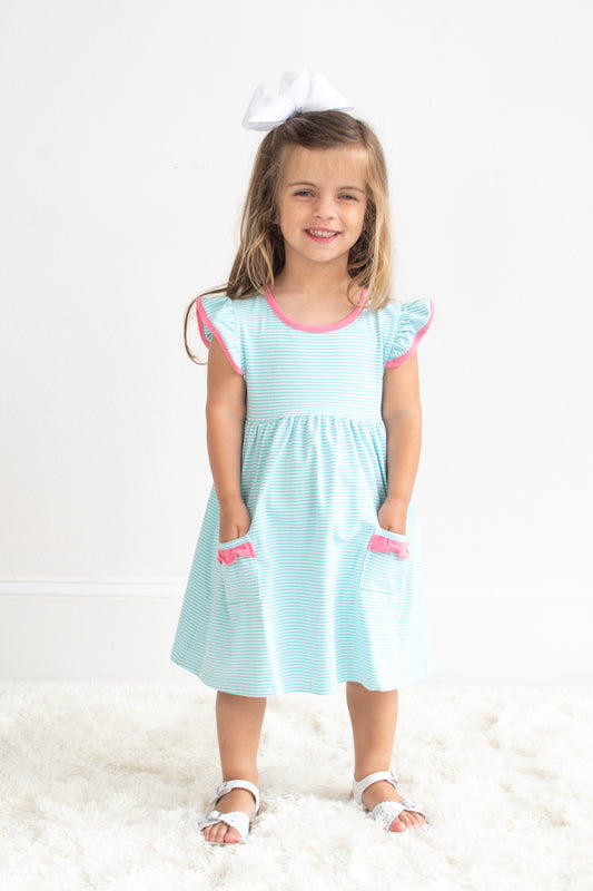 Mia Dress- Dark Mint Stripe w/ Pink