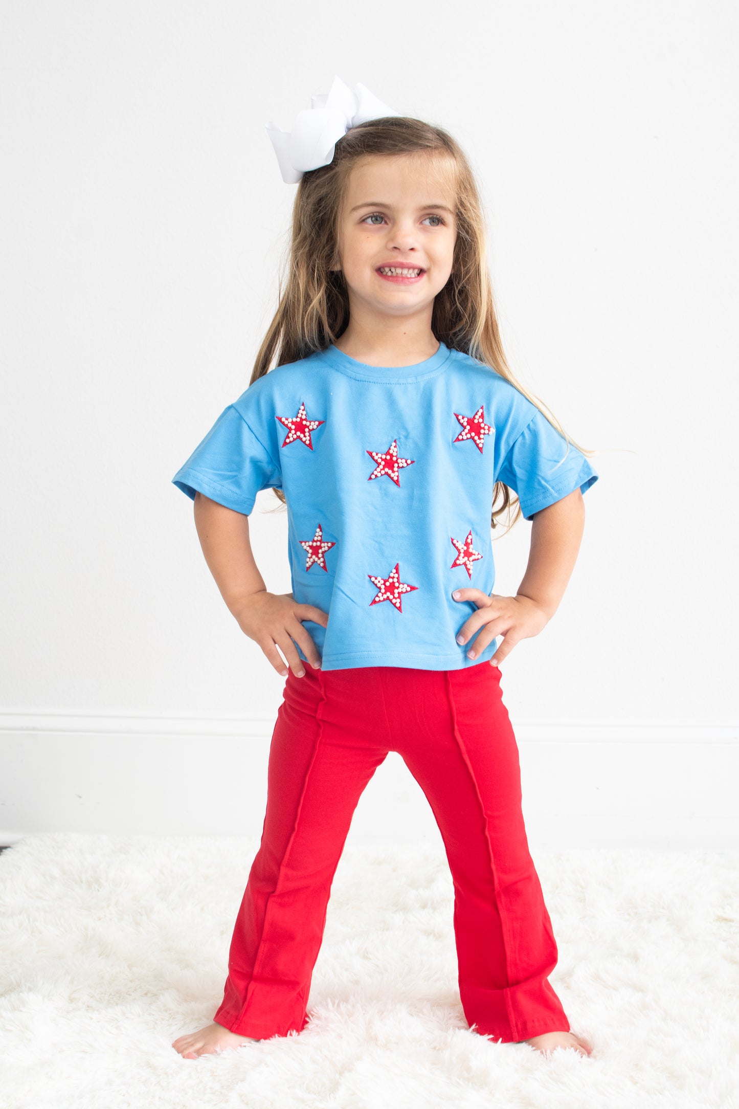 4th of July Star Applique Pearl Embellished Girls Set