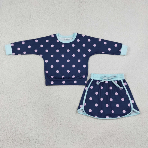 PREORDER - Girls Blue Polka Dots Long Sleeve Skort Set (Closes 9/27)