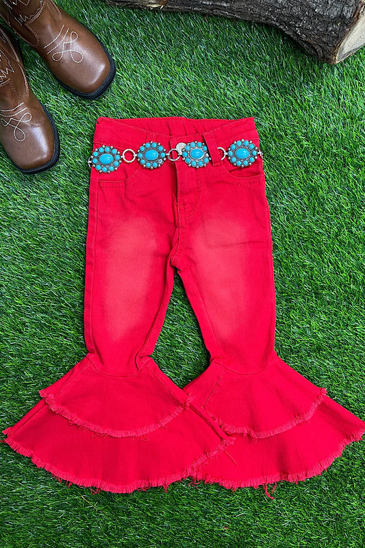 RED DOUBLE LAYER DENIM BELL PANTS