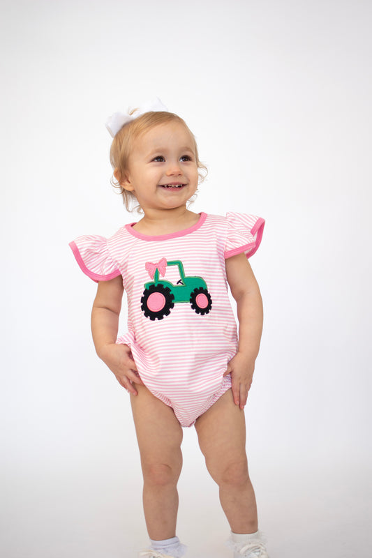Little Farmer Girl Pink Tractor Romper