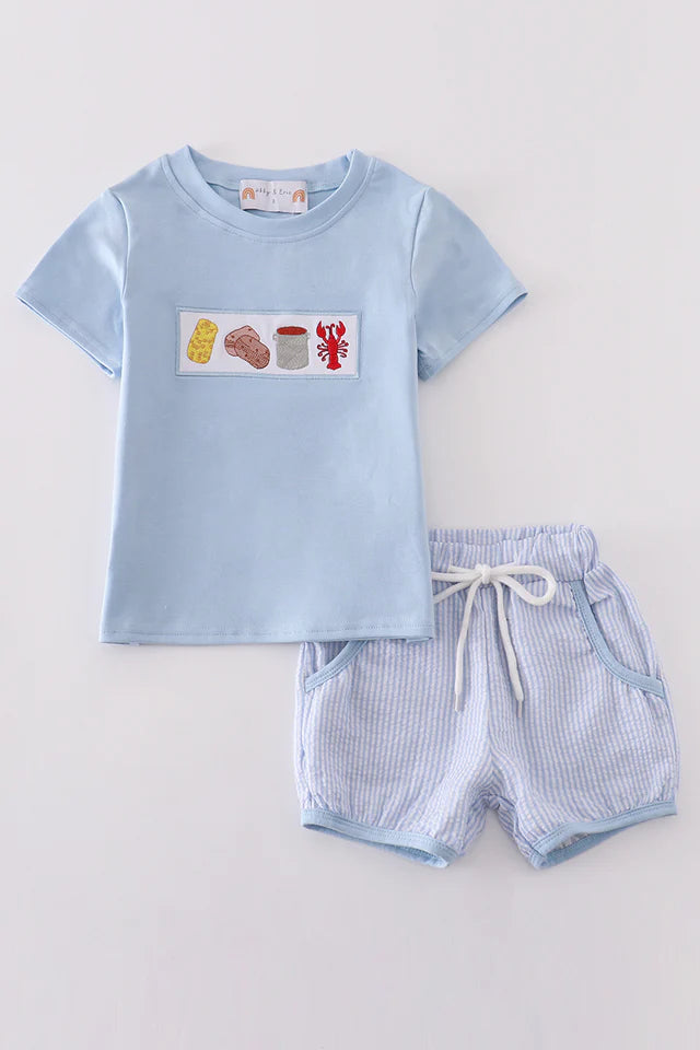 Blue Seersucker Crawfish Embroidery Boy Set