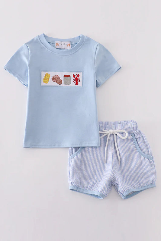 Blue Seersucker Crawfish Embroidery Boy Set