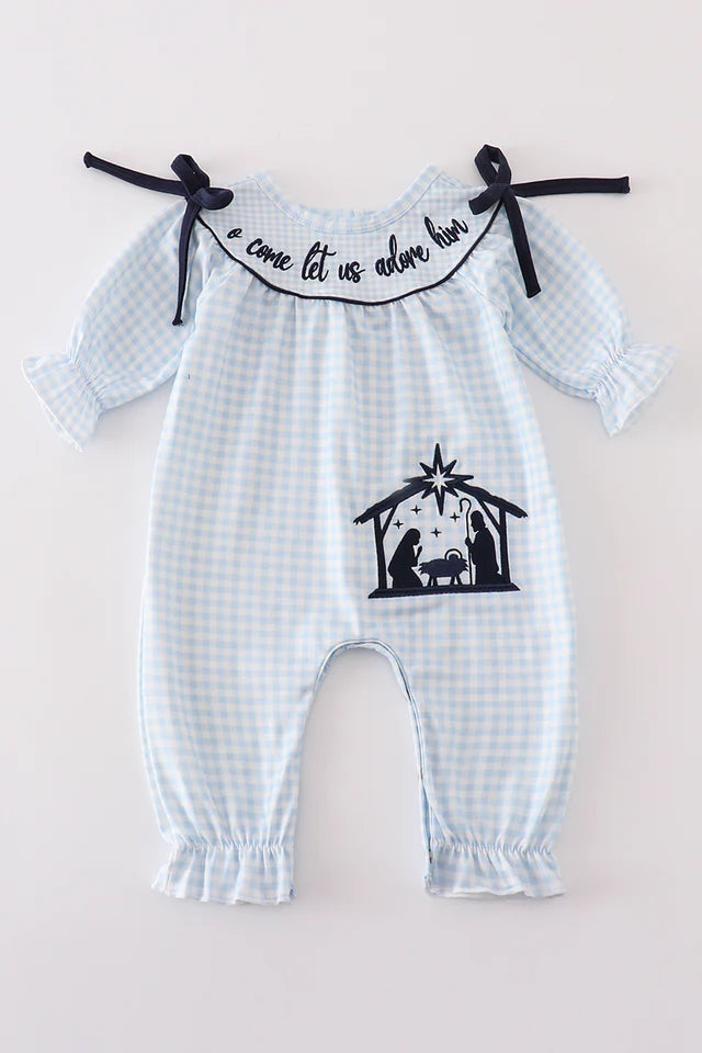 Oh come, Let Us Adore Him Navy Nativity Girl Romper