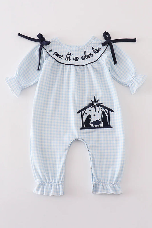 Oh come, Let Us Adore Him Navy Nativity Girl Romper