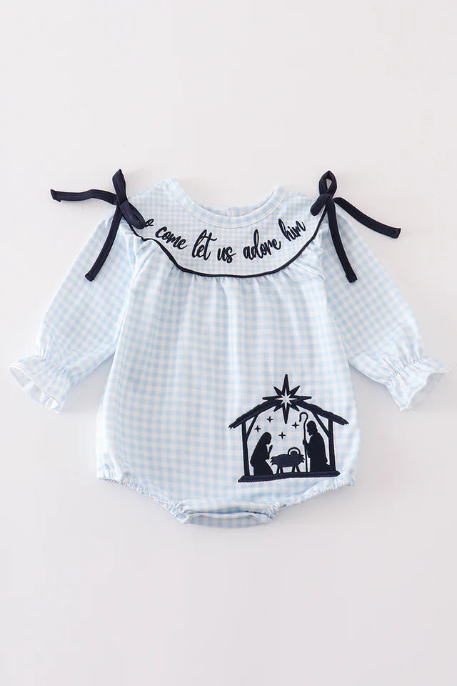 Oh come, Let Us Adore Him Navy Nativity Girl Bubble