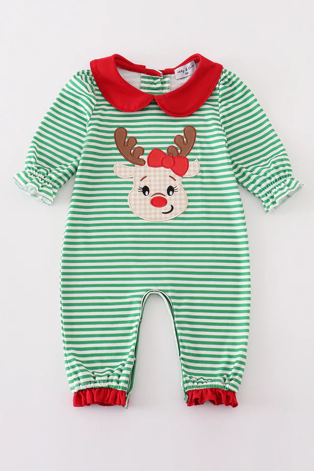Jolly Stripes Reindeer Appliqué Girl Romper
