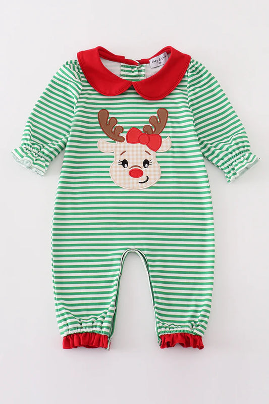 Jolly Stripes Reindeer Appliqué Girl Romper