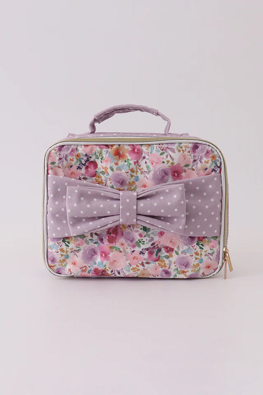 Purple floral print canvas lunch tote