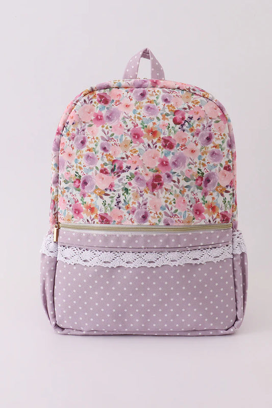 Purple floral print canvas ruffle backpack