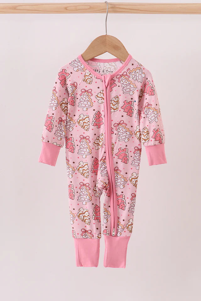 Pink christmas tree bamboo zipper romper