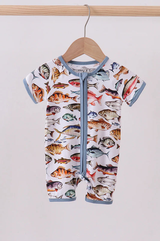 Blue Tide Fish Bamboo Zip Romper