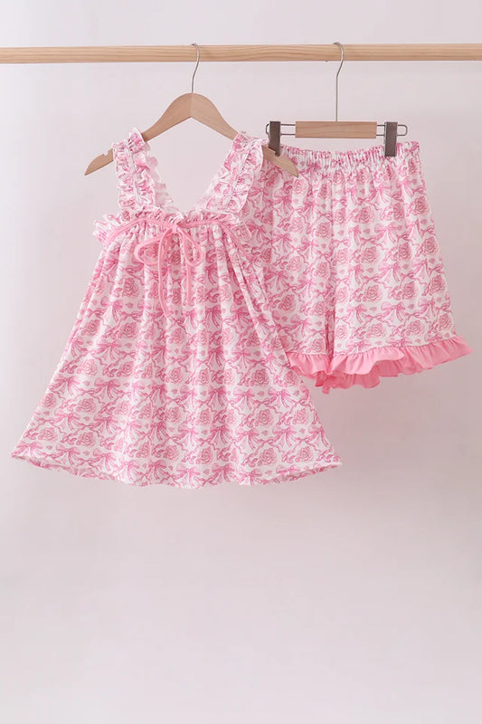 PRESALE -  Adult Pink floral print bow ruffle shorts set - ETA 8/20/26
