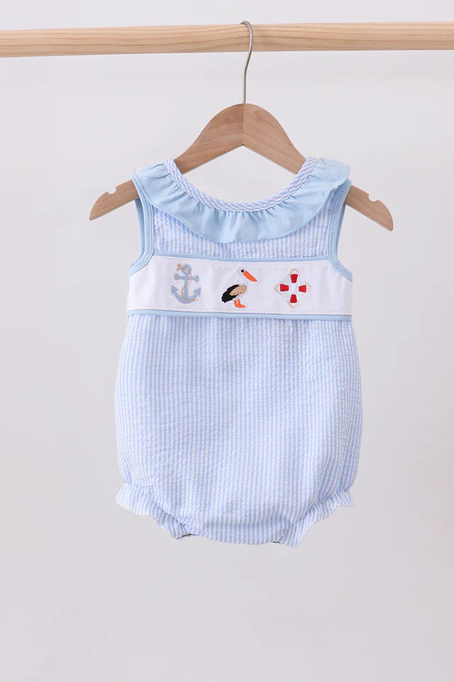 Blue nautical trio embroidery seersucker ruffle bubble