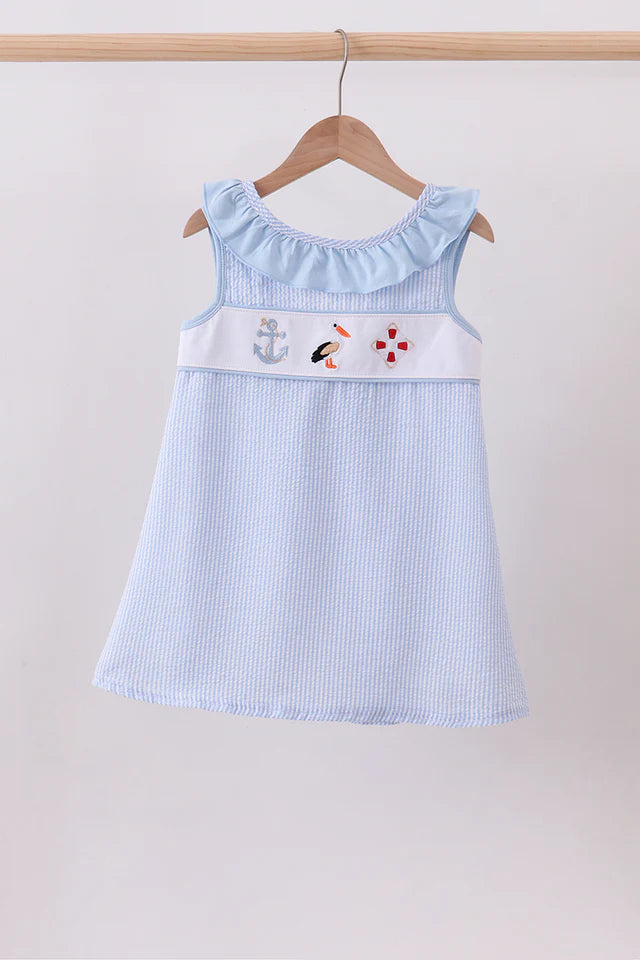 Blue nautical trio embroidery ruffle dress