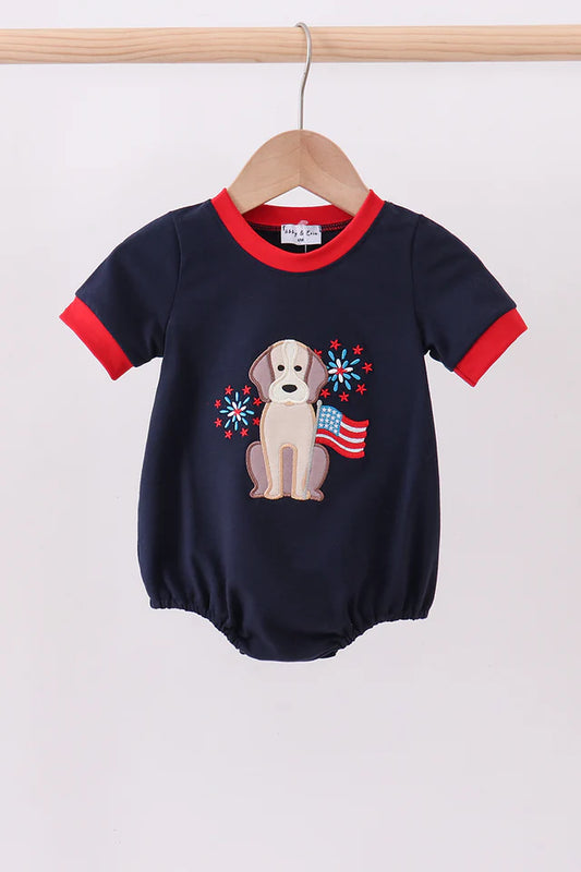 Navy puppy fireworks applique bubble