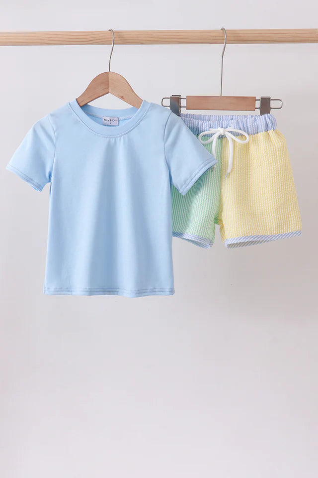 Blue Stripe Seersucker Short Set