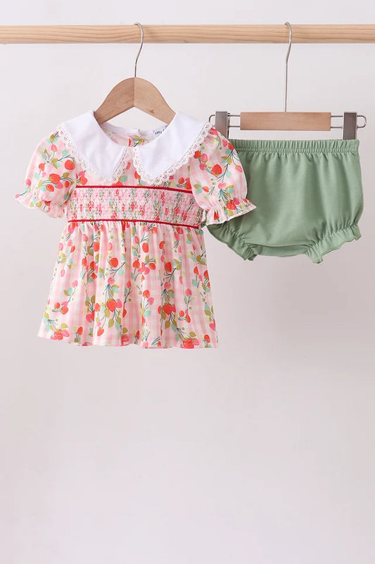 PRESALE - Pink strawberry smocked bloomer set - 8/20/26