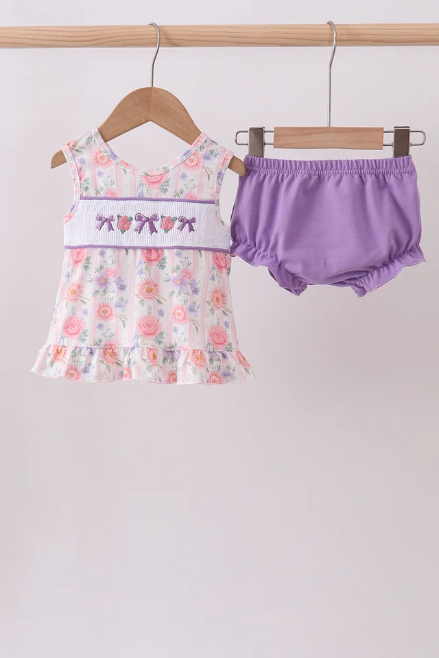 PRESALE: Purple rose bow smocked ruffle bloomer set (ETA 8/20/26)