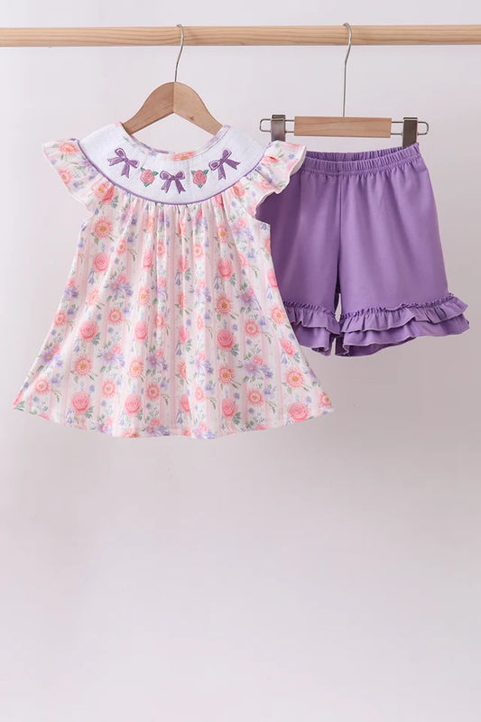 Presale - Purple rose bow smocked ruffle shorts set - ETA 8/20/26